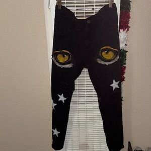 Men's Black Skinny Jeans with Eye and Star Design